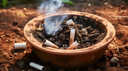 Ashtray full of cigarette butts. Used cigarette in ashtray. Dirty cigarette filter waste in clay ashtray. Toxic waste. Quit smoke or smoking cessation and lung cancer trigger concept. Tobacco product.