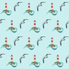 Half-Drop Seamless Pattern with Lighthouses and Seagulls