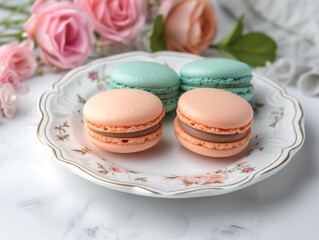 Pastel Macarons on a plate, fancy decoration, flowers in the background, french sweets