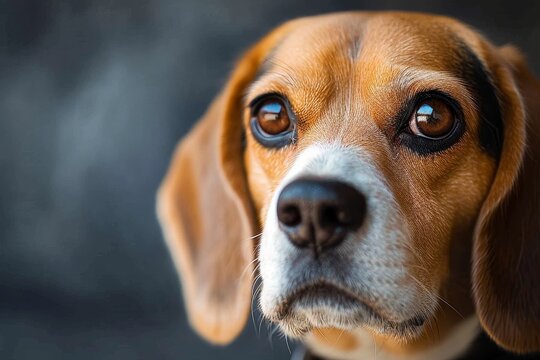 A curious pocket beagle, with its long snout and warm brown fur, gazes up at the camera, showcasing the loyal and playful nature of this beloved scent hound breed