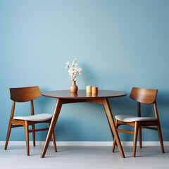Design of modern a wooden table with two glasses and a flower vase with two chairs, blue wall, gray floor , Mid-century style interior 