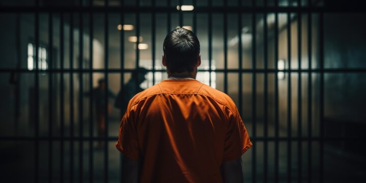 A man wearing an orange shirt is seen standing inside a jail cell. This image can be used to depict incarceration, imprisonment, or criminal justice themes