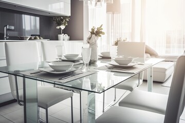 Stylish white table and seats up close. the idea behind contemporary house décor. Copy space superior photograph