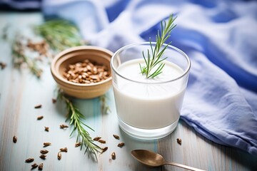 Obraz na płótnie Canvas flax milk in a glass with flax seeds on the table