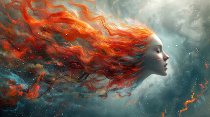 Fiery-Haired Woman in Dreamscape.
Surreal portrait of a woman with fiery red hair in a stormy ethereal dreamscape.