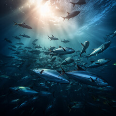 colony of tuna doing migration in the ocean