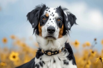 A curious puppy with black and white spots gazes up at the clear blue sky, surrounded by vibrant flowers, embodying the playful and loving nature of this beloved canine breed