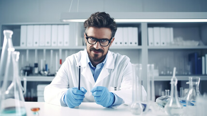 A solitary doctor in a lab against a stark white background
