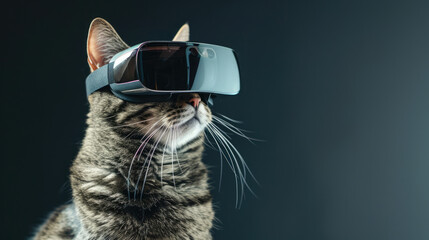 Naklejka premium Cat wearing Virtual reality headset. VR, metaverse worlds, modern technologies, gadget for online games