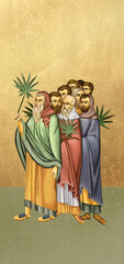 Traditional Christian antique illustration on golden background in Byzantine style