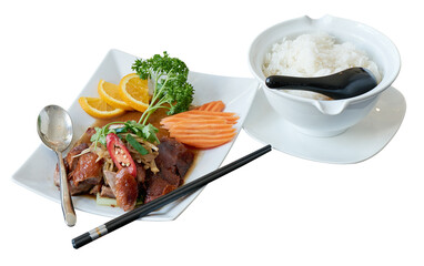 Plate with asiatic homemade food isolated on white