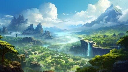 A beautiful RPG world to which you want to move and admire its beauty and breathtaking views game art - obrazy, fototapety, plakaty
