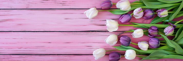 Purple and white tulips on pink wood planks panoramic background with copy space, mother's day flowers and spring web banner