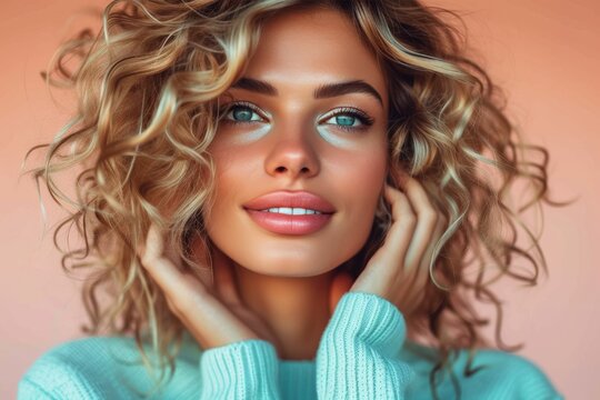 A stunning woman with curly blue eyes and a captivating smile poses against a wall, showcasing her layered surfer hair and bold lip color in a fashionable indoor photo shoot