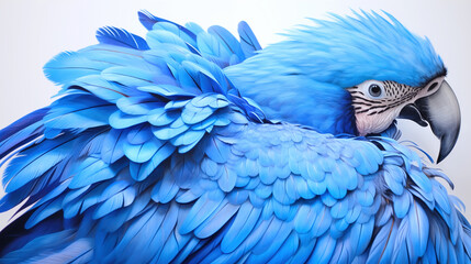 Fototapeta premium Blue parrot with beautiful feathers. Magnificent bird with large beak. Macaw parrot close up