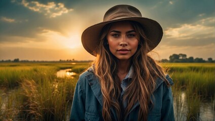Beautiful woman standing in rice field and looking at camera at sunset