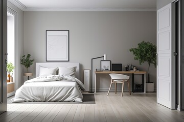 bedroom with white door, study area, and poster over the bed. Modern home design idea. Mockup