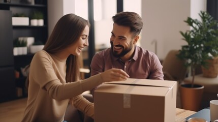 A man and a woman are shown opening a cardboard box. This versatile image can be used to depict unpacking, surprise, gift-giving, moving, or receiving a delivery