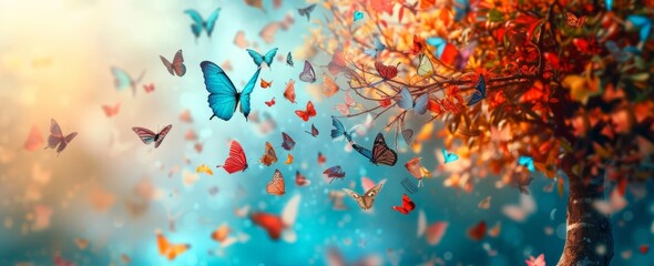 a tree with colorful butterflies falling from it. world mental health day banner - obrazy, fototapety, plakaty