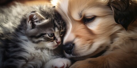 A heartwarming image of a dog and a cat cuddling together. Perfect for showcasing the bond between different animal species. Ideal for pet-related projects and promotions