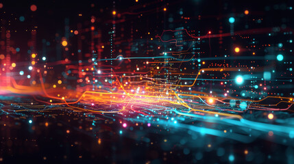 Futuristic Circuit Lines and Data Flow Technology. 
Glowing circuit lines and data flow on a futuristic technology background.
