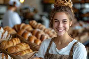 Joyful small bakery shop owner, beaming with pride as she stands in front of her charming store. Happy and cheerful female baker is fully immersed in her work, radiating enthusiasm for her craft