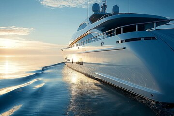 A luxurious white yacht glides through the crystal blue water, its sleek naval architecture and powerful motor making it the perfect vehicle for a tranquil cruise under the vast sky - obrazy, fototapety, plakaty