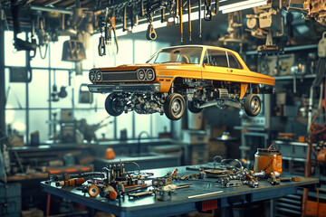 Car levitating or floating in the air, repair tools in workshop.