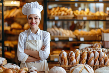 Joyful small bakery shop owner, beaming with pride as she stands in front of her charming store. Happy and cheerful female baker is fully immersed in her work, radiating enthusiasm for her craft