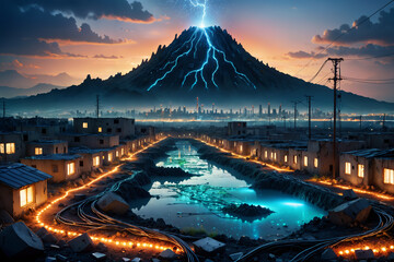 a painting of a city with a lightning bolt in the sky above a river and a mountain with a city in the background