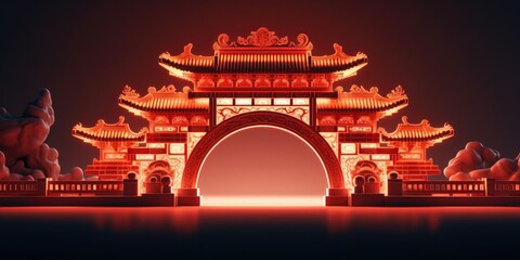 A stunning image of a Chinese gate lit up at night, radiating a bright light. Perfect for capturing the beauty and grandeur of Chinese culture.