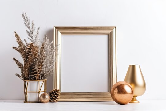 Winter plants in a gold vase and a glass ball in a mockup with a golden frame. Product design styled photo for a Christmas poster. Mockup of an empty frame with a fir tree and berries in front of a wh