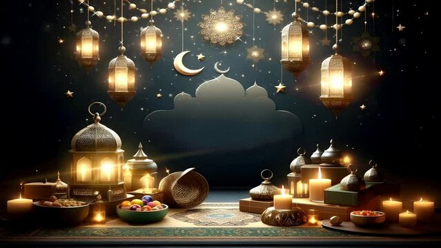 Animasi background islami dengan adegan tenang, hiasan keagamaan megah seperti ramadhan, haji, idul fitri dan acara islami lainnya. Latar belakang animasi vertical video 4K perulangan mulus