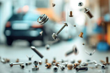 Car repair tools in workshop levitating or floating in the air randomly, cars on background. - obrazy, fototapety, plakaty