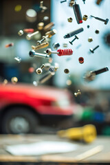 Car repair tools in workshop levitating or floating in the air randomly, cars on background.