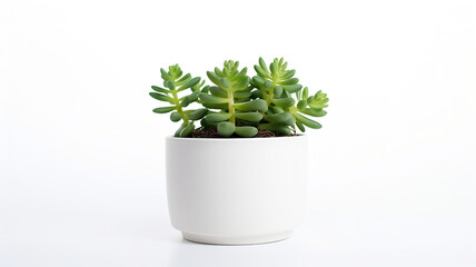 An isolated white background features a potted Senecio Rowley house plant in a white ceramic pot.