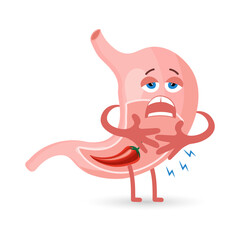 Unhealthy human stomach character is crying and suffering from pain. Food, stomach pain. Anatomy of the digestive system. Vector in flat style