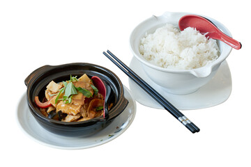 Plate with asiatic homemade food isolated on white