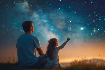 A father and his daughter gaze up at the vast expanse of stars, their silhouettes standing out against the dark night sky, their clothes blending into the natural landscape, as they explore the wonde