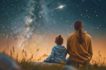 A mother and her child share a quiet moment under the night sky, their clothing blending with the grass as they gaze in awe at a shooting star
