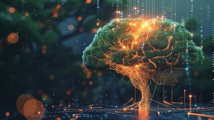 Human brain with circuit board and glowing lights on background - obrazy, fototapety, plakaty