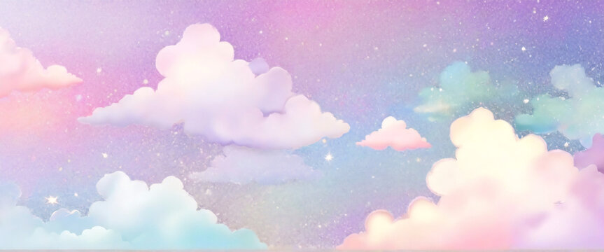 Rainbow unicorn background. Pastel glitter pink fantasy galaxy. Magic mermaid sky with bokeh. Holographic kawaii abstract space with stars and sparkles. Kawaii Fantasy Pastel Colorful Sky and clouds.