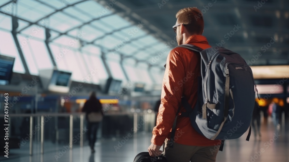 Poster a man with a backpack walking through an airport. suitable for travel and transportation-related pro