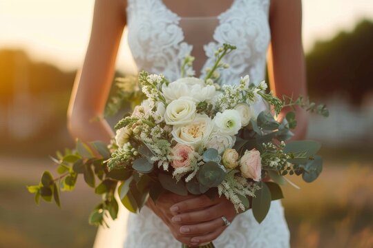 A stunning bride stands among the vibrant outdoor scenery, adorned in a flowing wedding gown and delicate ivory veil, holding a beautifully arranged bouquet of blooming roses