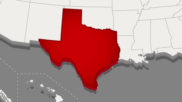 The state of Texas is highlighted in red on a minimalistic map of the USA in white on dark background. Thin clean lines video animation. High quality 4k footage. 