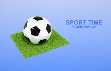 Soccer ball on green field on blue background. 3d-rendering