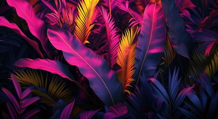 Tropical foliage and monstera leaves illuminated by vibrant neon lights.
