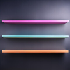 A colorful pastel large gap between empty shelves against a black background, creating a visually striking and minimalist design concept.