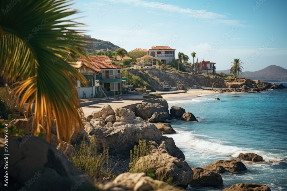Poster a scenic view of a beach with a palm tree in the foreground. perfect for tropical vacation concepts 