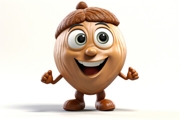 3D organic hazelnut funny cartoon character with eyes on white background Generative AI Illustration